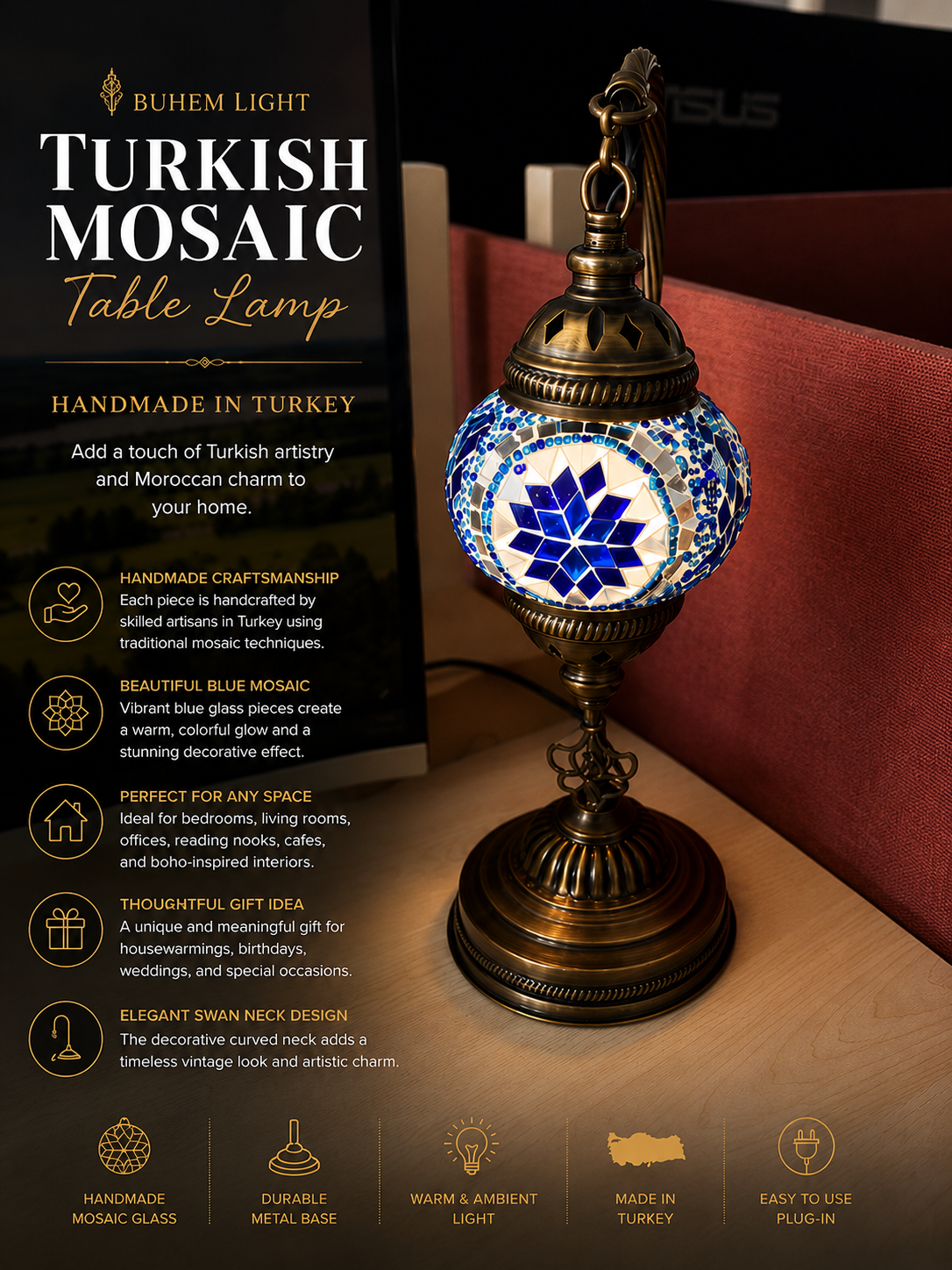 Turkish Mosaic Table Blue Lamp, Handmade Lamps