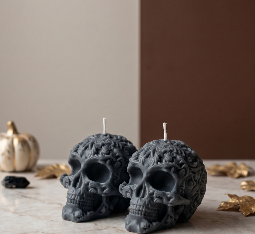 Floral Skull Sculpture Candle – Hand-Poured Soy Wax | Ivory & Gray-3