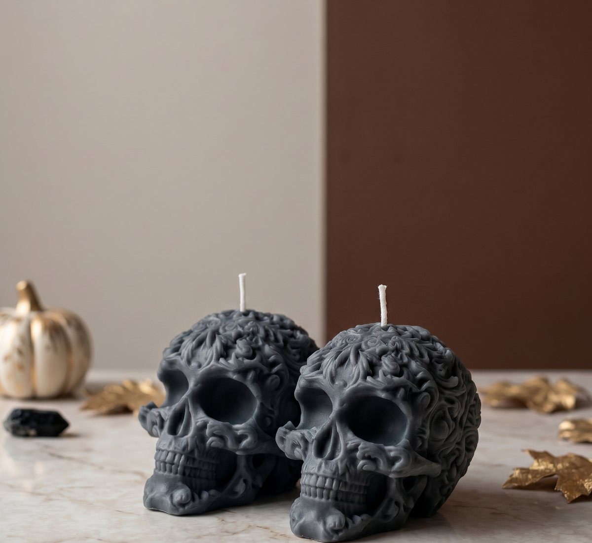 Floral Skull Sculpture Candle – Hand-Poured Soy Wax | Ivory & Gray-3