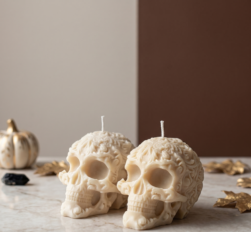 Floral Skull Sculpture Candle – Hand-Poured Soy Wax | Ivory & Gray-1