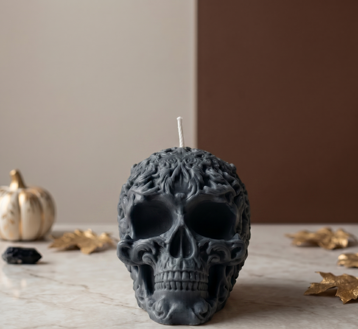Floral Skull Sculpture Candle – Hand-Poured Soy Wax | Ivory & Gray-2
