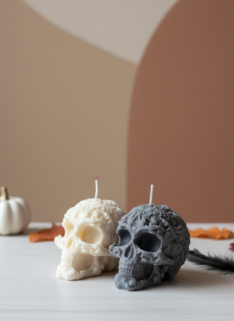 Floral Skull Sculpture Candle – Hand-Poured Soy Wax | Ivory & Gray-4